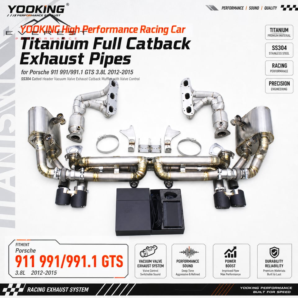 Racing Titanium Brushed 1.2mm Full Catback Exhaust Pipes Porsche 911 991/991.1 GTS 3.8L 2012-2015 SS304 Catted Header