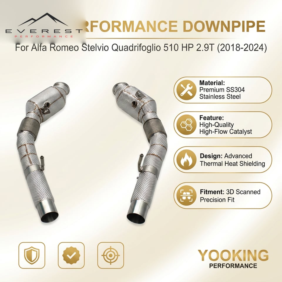 SS304L Exhaust Downpipe for Alfa Romeo Stelvio Quadrifoglio 510 HP 2.9T 2018-2024 With Heat Shield High Flow Catted Downpipe