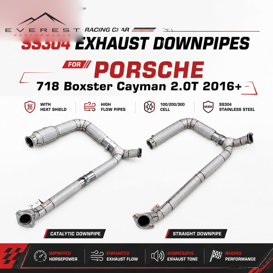 Racing SS304 Exhaust Downpipes for Porsche 718 Boxster Cayman 2.0T 2016+ With Heat Shield High Flow Pipes 100/200/300 Cell