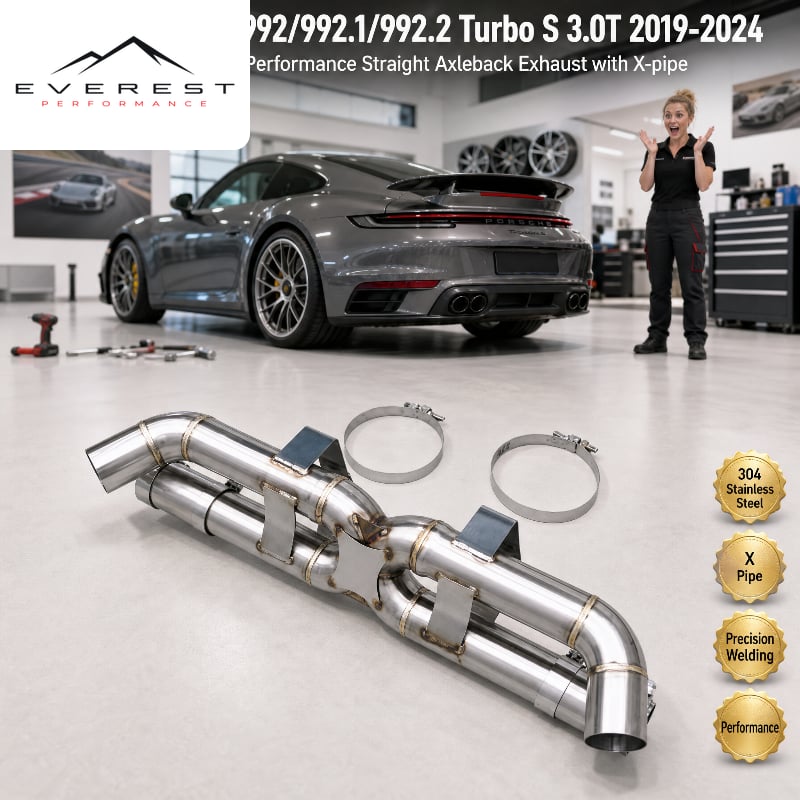 Stainless Steel Performance Straight Axleback Exhaust for Porsche 911 992/992.1/992.2 Turbo S 3.0T 2019-2024 X-pipe