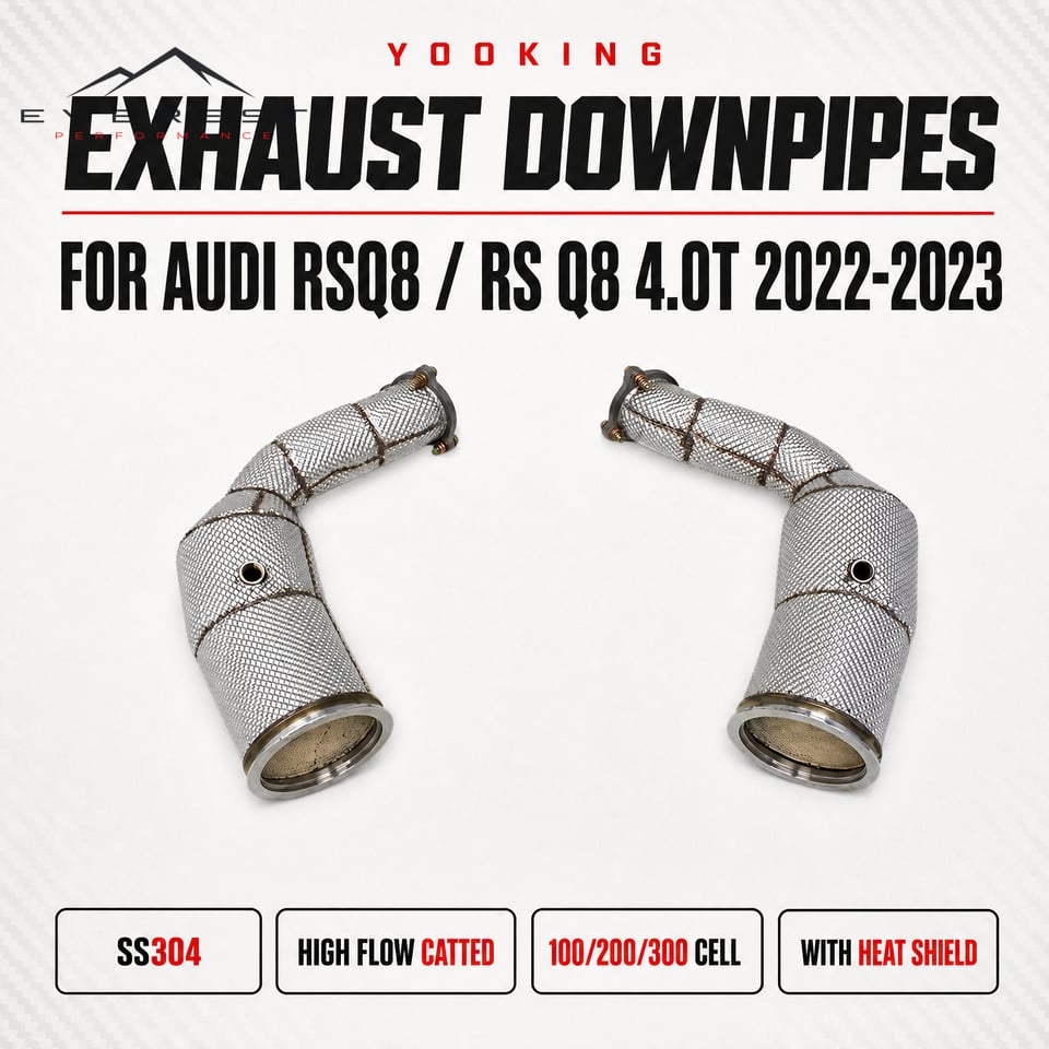 Racing SS304 Exhaust Downpipes for Audi RSQ8/RS Q8 4.0T 2022-2023 High Flow Catted Downpipes 100/200/300 Cell With Heat Shield
