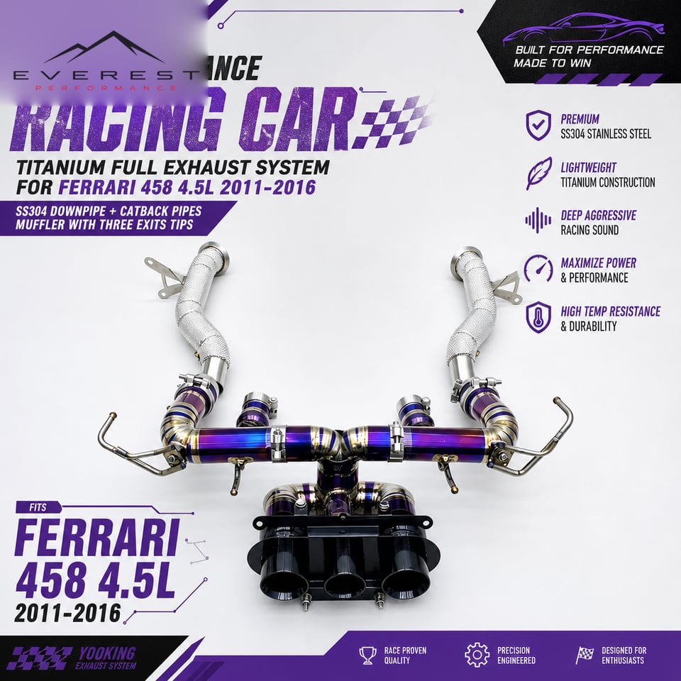 Racing Titanium Full Exhaust System for Ferrari 458 4.5L 2011-2016 SS304 Downpipe + Catback Pipes Muffler with Three Exits Tips