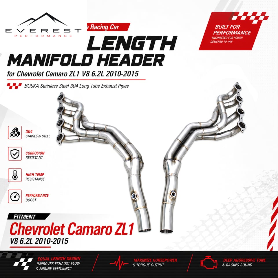 Racing Equal Length Manifold Header for Chevrolet Camaro ZL1 V8 6.2L 2010-2015 Stainless Steel 304 Long Tube Exhaust Pipes