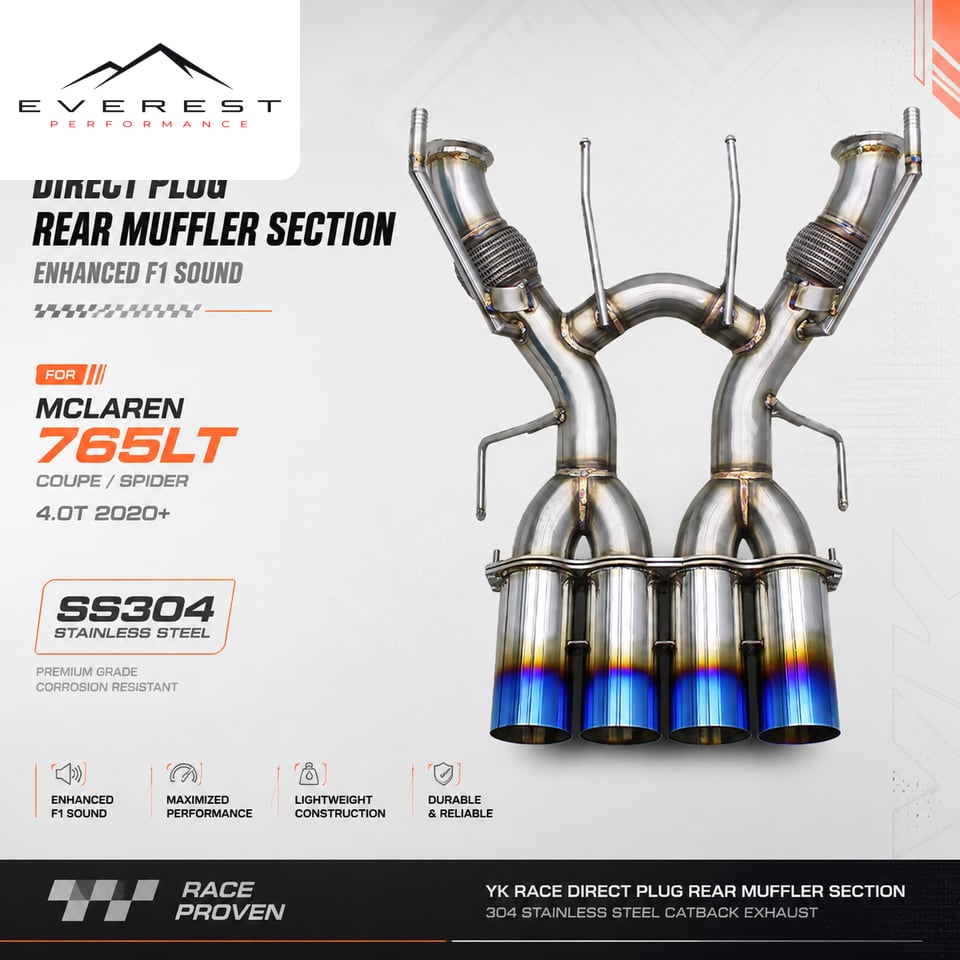 Race Direct Plug Rear Muffler Section for Mclaren 765LT Coupe/Spider 4.0T 2020+ Enhanced F1 Sound 304 Stainless Steel Catback