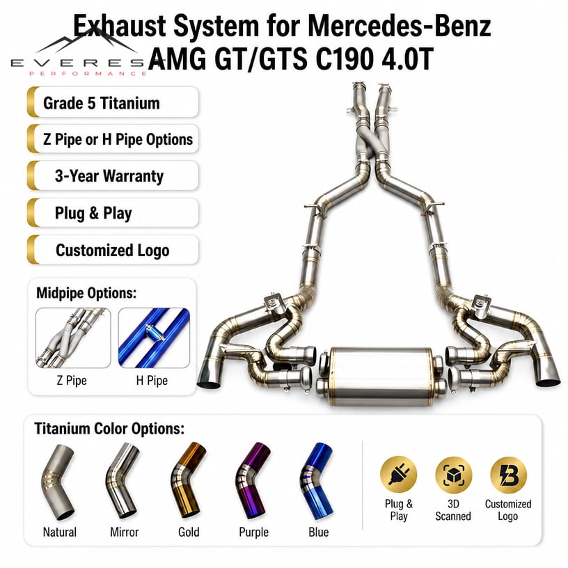 Custom Exhaust System for Mercedes-Benz AMG GT/GTS C190 4.0T 2014-2023 Lightweight Titanium Valve Catback Exhaust