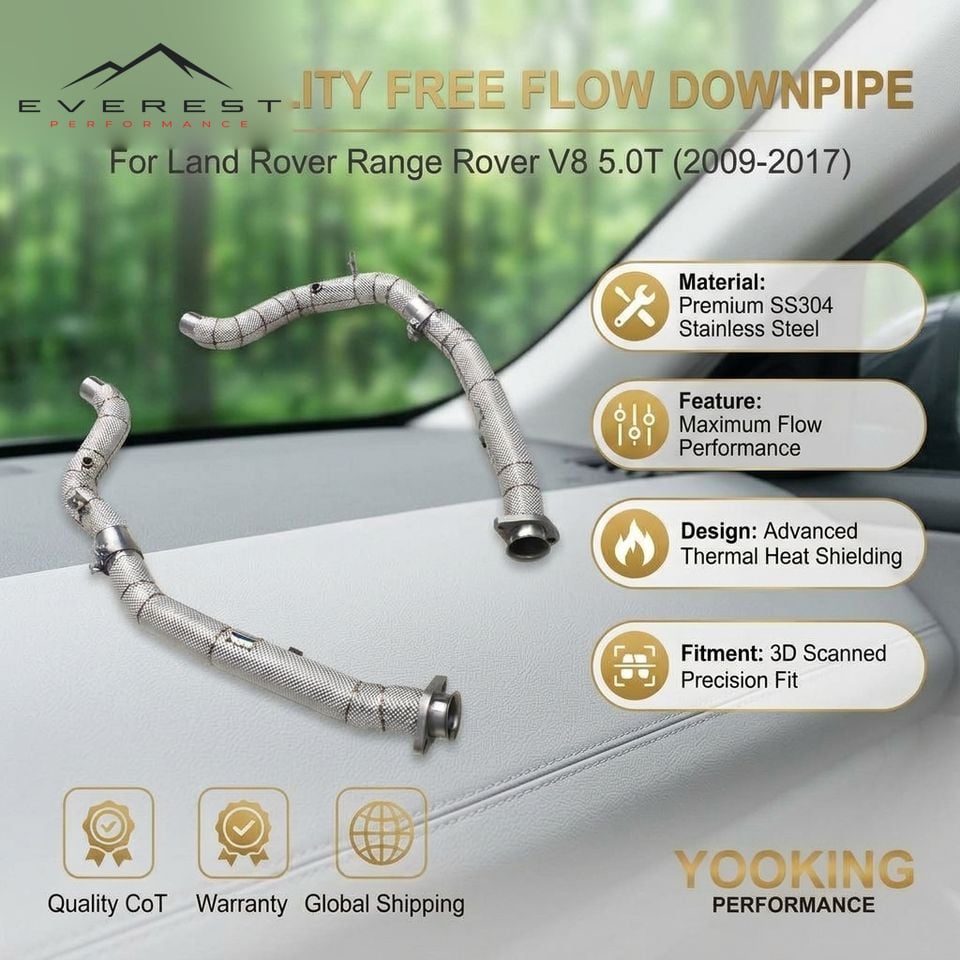 SS304 Exhaust Downpipe for Land Rover Range Rover V8 5.0T 2009-2017 With Heat Shield Free Flow Downpipe