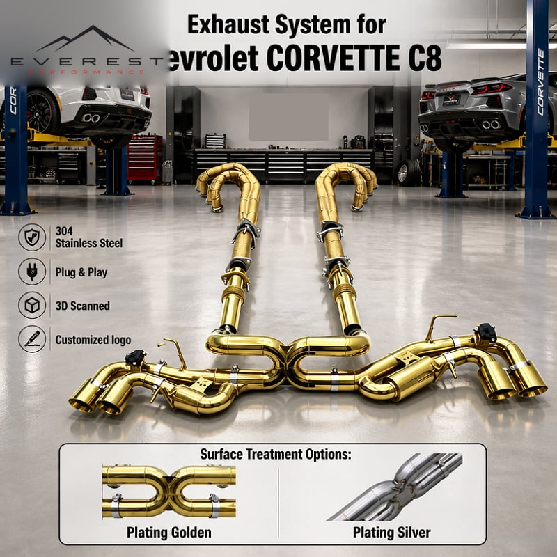 Custom Header Manifold Downpipe Catback for Chevrolet Corvette C8 2019-2025 Plating Golden Valves Exhaust System