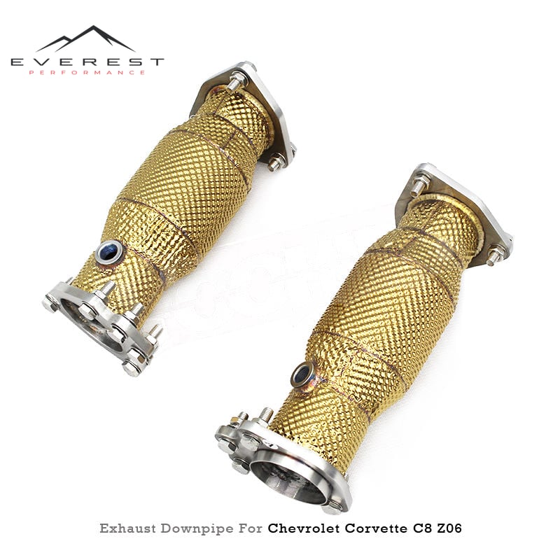 Custom Catted Header Downpipe for Chevrolet Corvette C8 2019-2025 Exhaust High Flow System with Golden Heat Shield