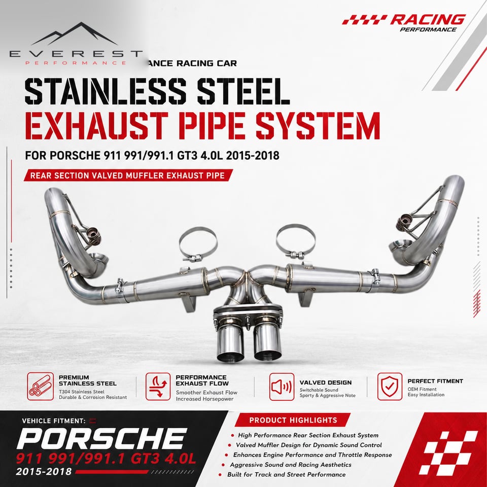 Racing Stainless Steel Exhaust Pipe System for Porsche 911 991/991.1 GT3 4.0L 2015-2018 Rear Section Valved Muffler Exhaust Pipe